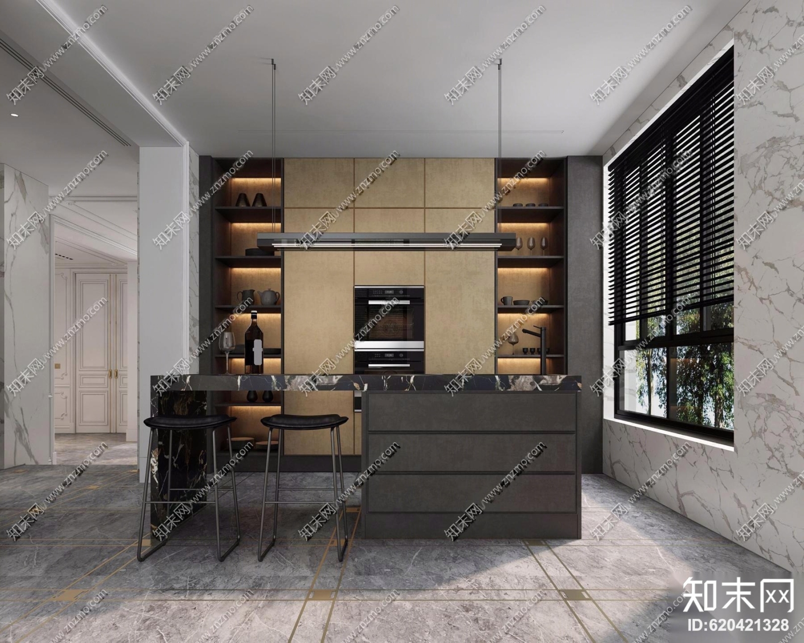 现代吧台酒柜摆件组合3D模型下载【ID:620421328】