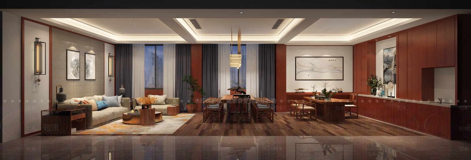 中式办公室办公台中式画地板拼列沙发组合3D模型下载【ID:735296676】