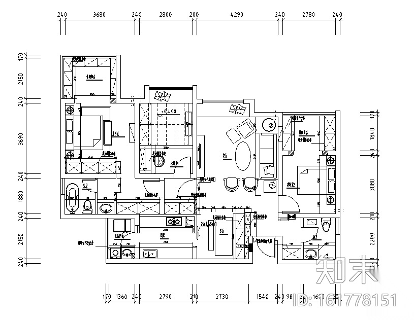 [四川]北欧现代三居室样板房空间设计施工图（附效果图...cad施工图下载【ID:161778151】