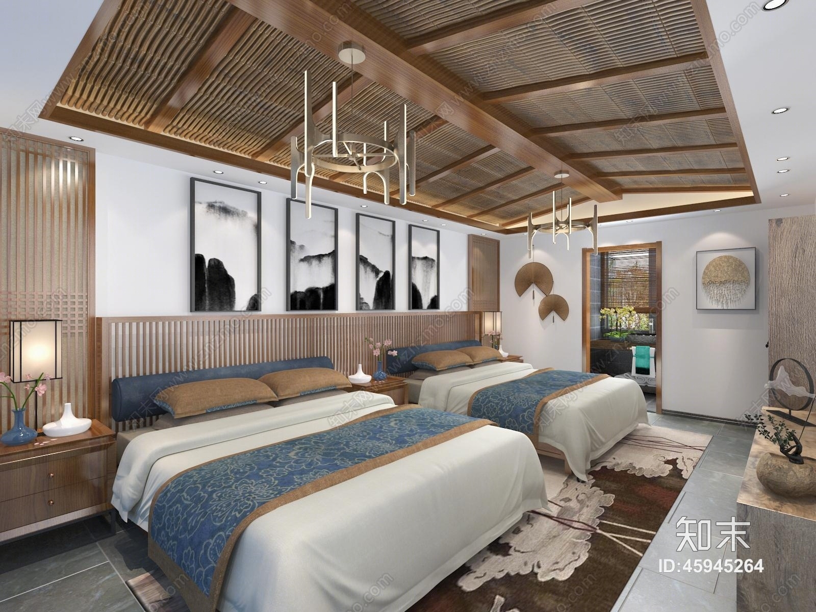 新中式酒店客房双人套间3D模型下载【ID:45945264】