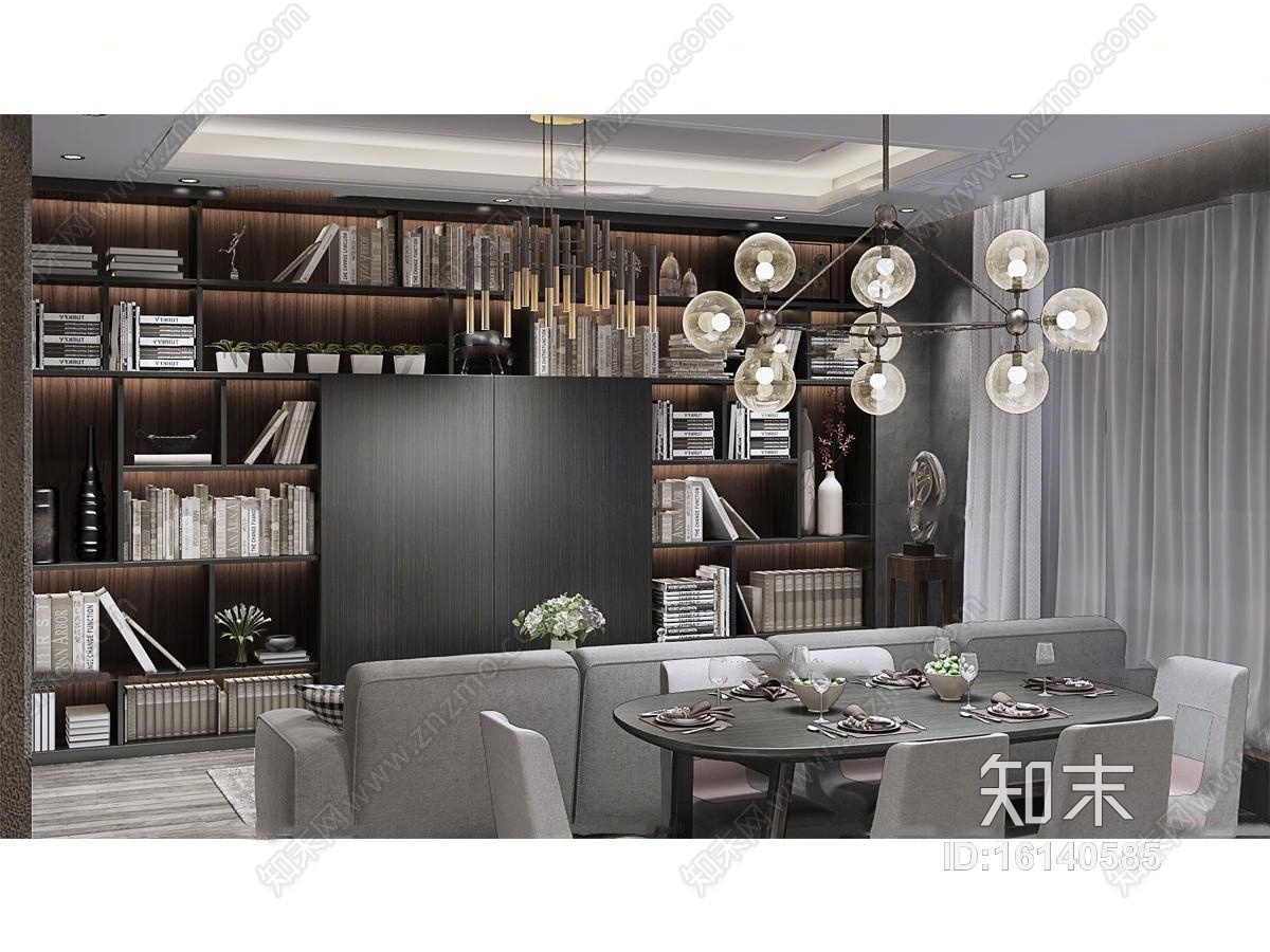 现代餐厅餐桌椅背景墙组合3D模型下载【ID:16140585】