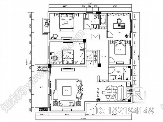 [绍兴]整洁时尚现代四居室设计CAD装修图（含效果）cad施工图下载【ID:182194149】