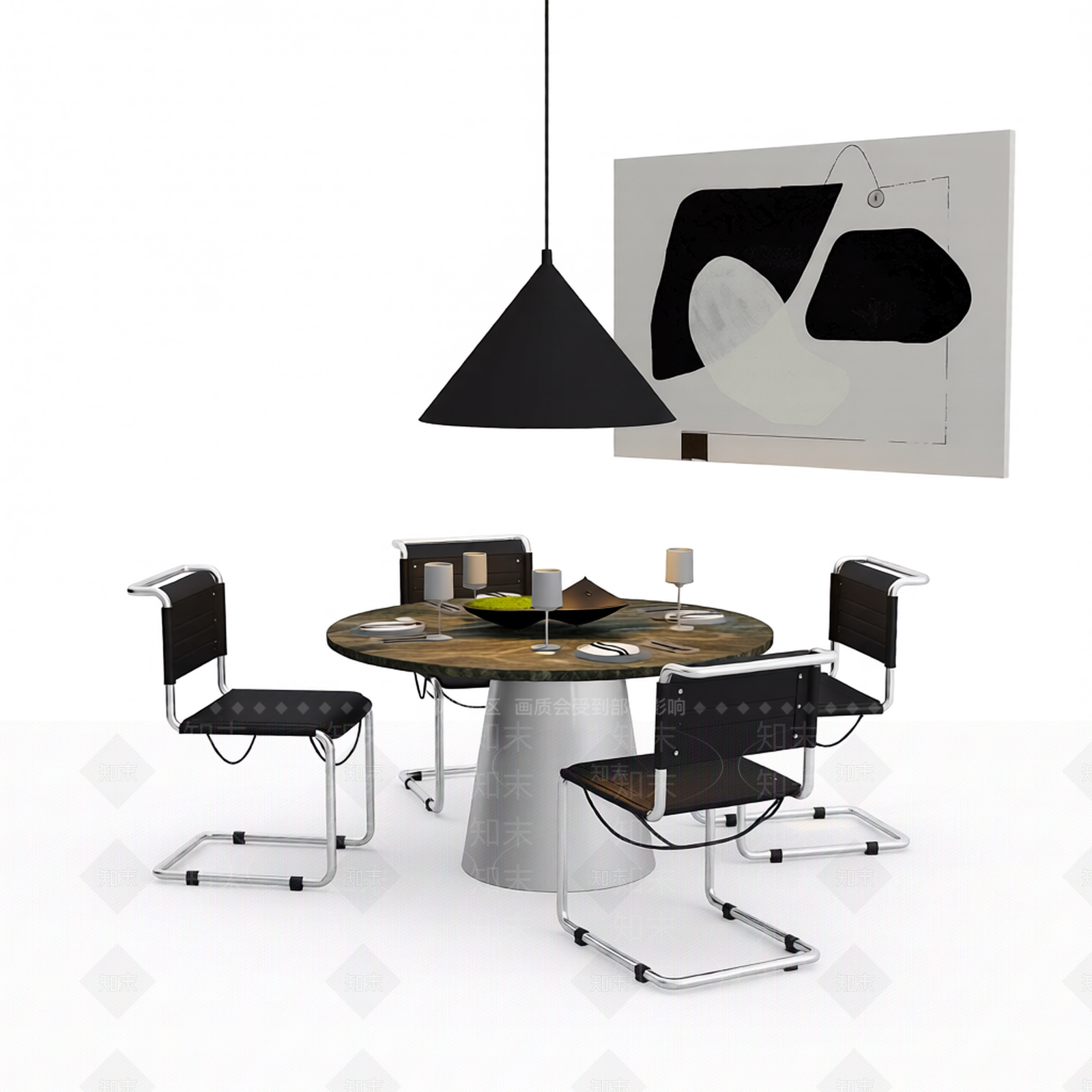 圆形餐桌及配套椅组3D模型下载【ID:1206193982】