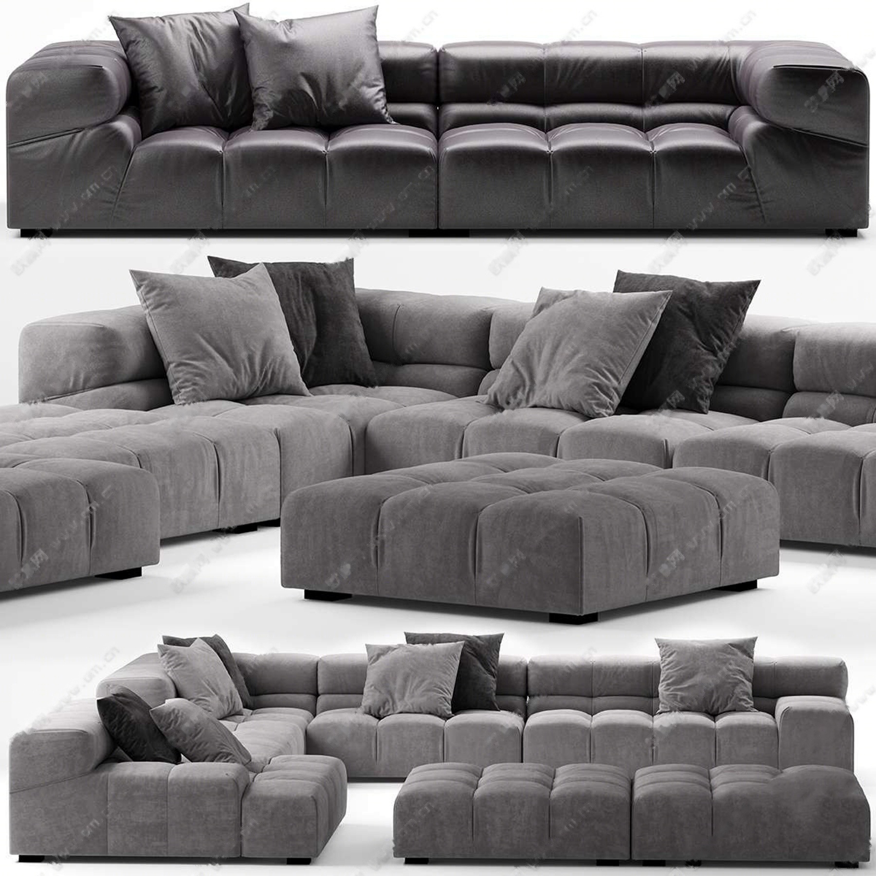 现代皮革布艺转角沙发沙发凳组合3d模型下载【id:920638919】