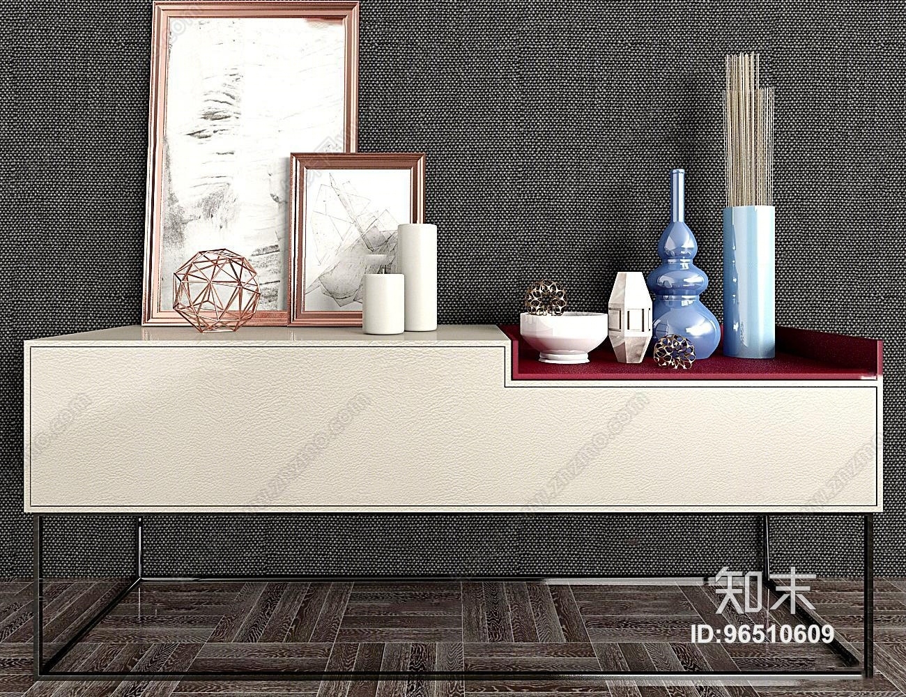 现代边柜陶瓷摆件装饰画组合3D模型下载【ID:96510609】