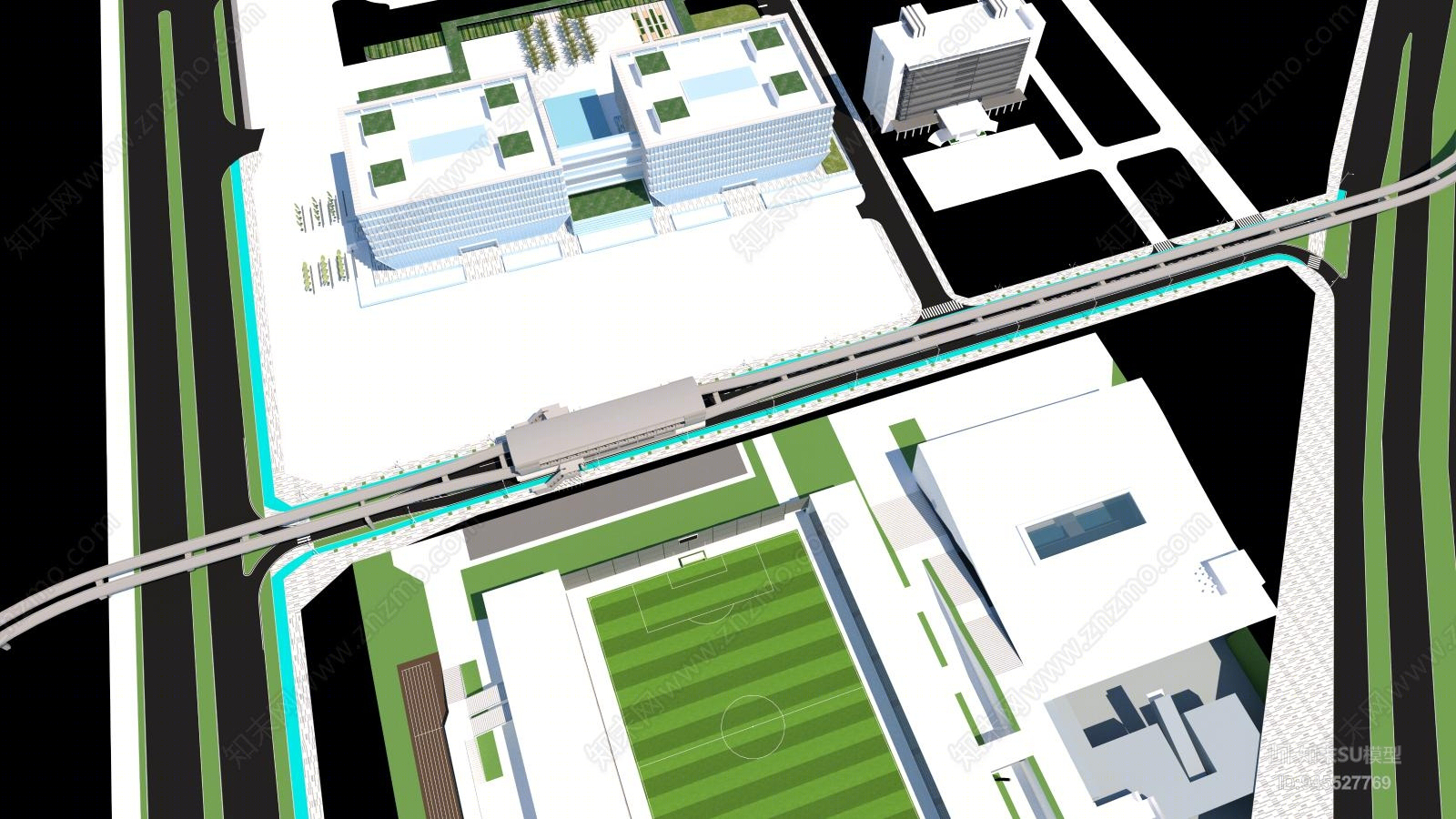 现代地铁轨道与道路效果图SU模型下载【ID:945527769】