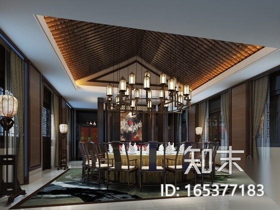 现代中式贵宾宴会厅室内装修施工图（含效果）cad施工图下载【ID:165377183】