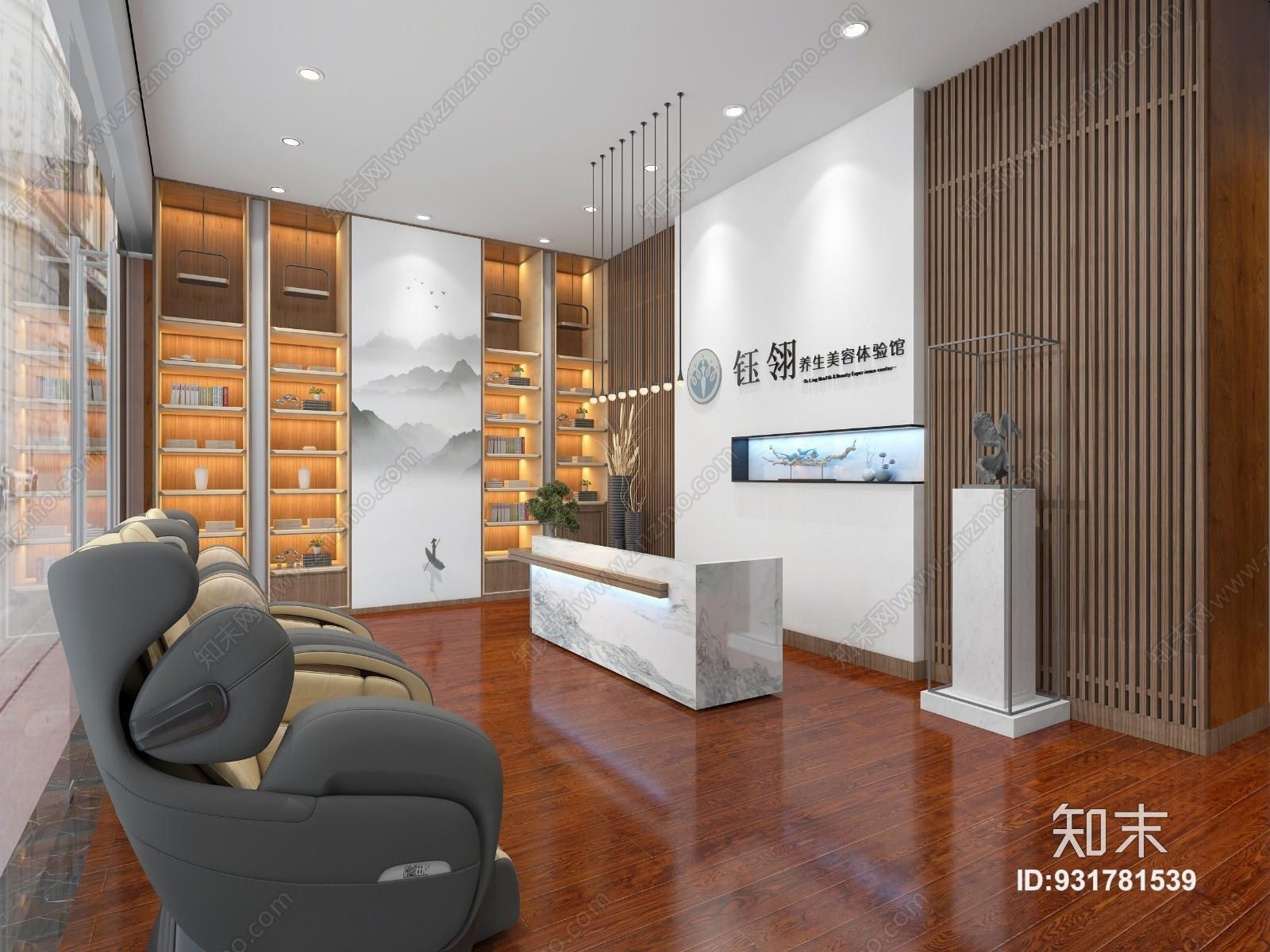 新中式美容院大厅前台背景墙3D模型下载【ID:931781539】