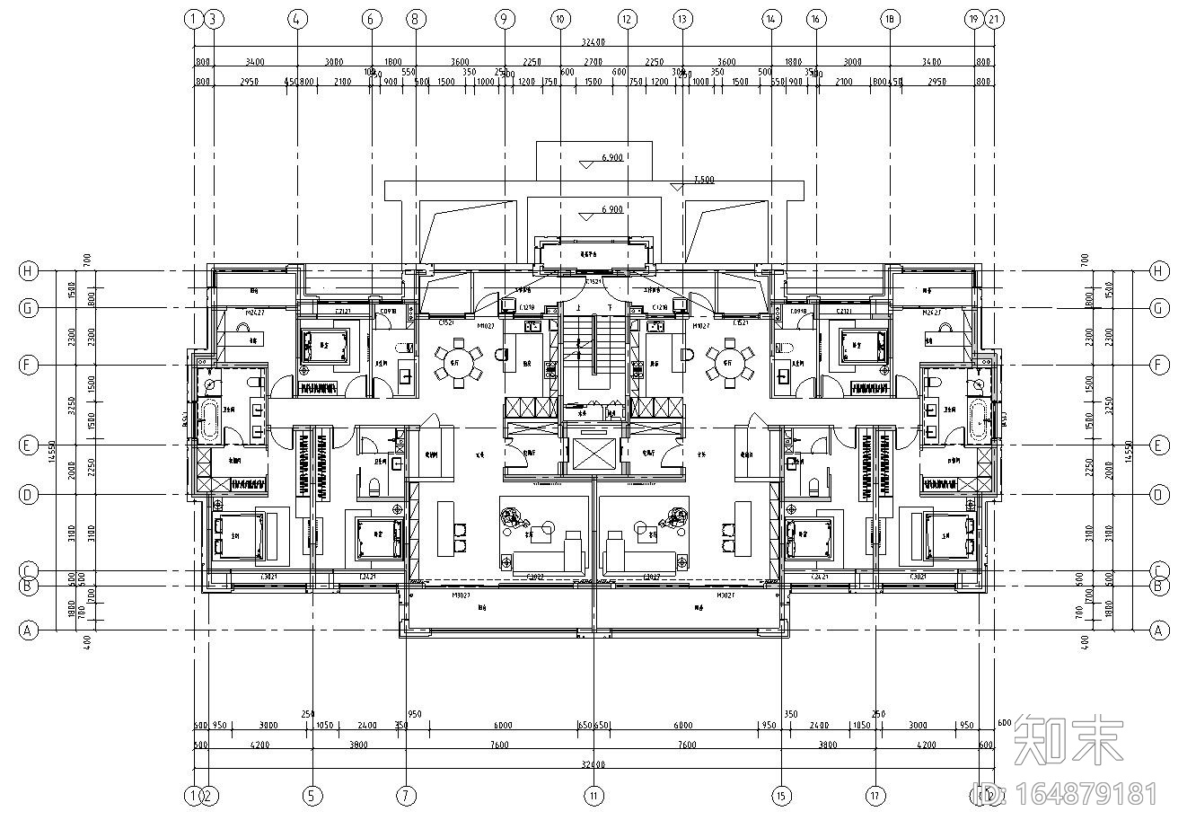 多层住宅一梯二户户型平面设计施工图下载【ID:164879181】