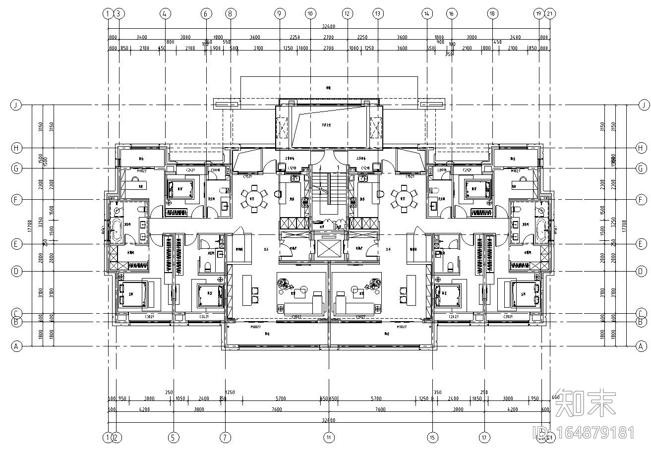 多层住宅一梯二户户型平面设计施工图下载【ID:164879181】