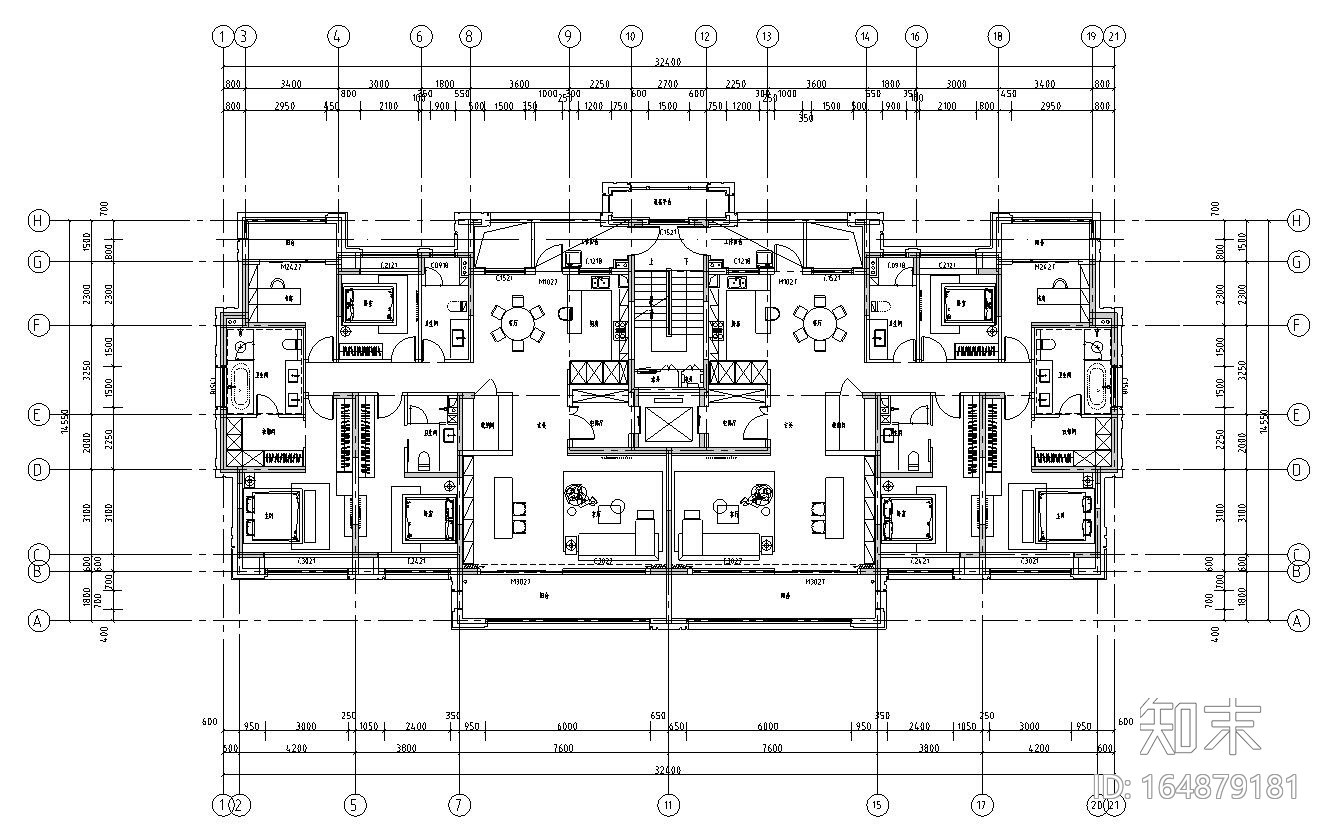 多层住宅一梯二户户型平面设计施工图下载【ID:164879181】