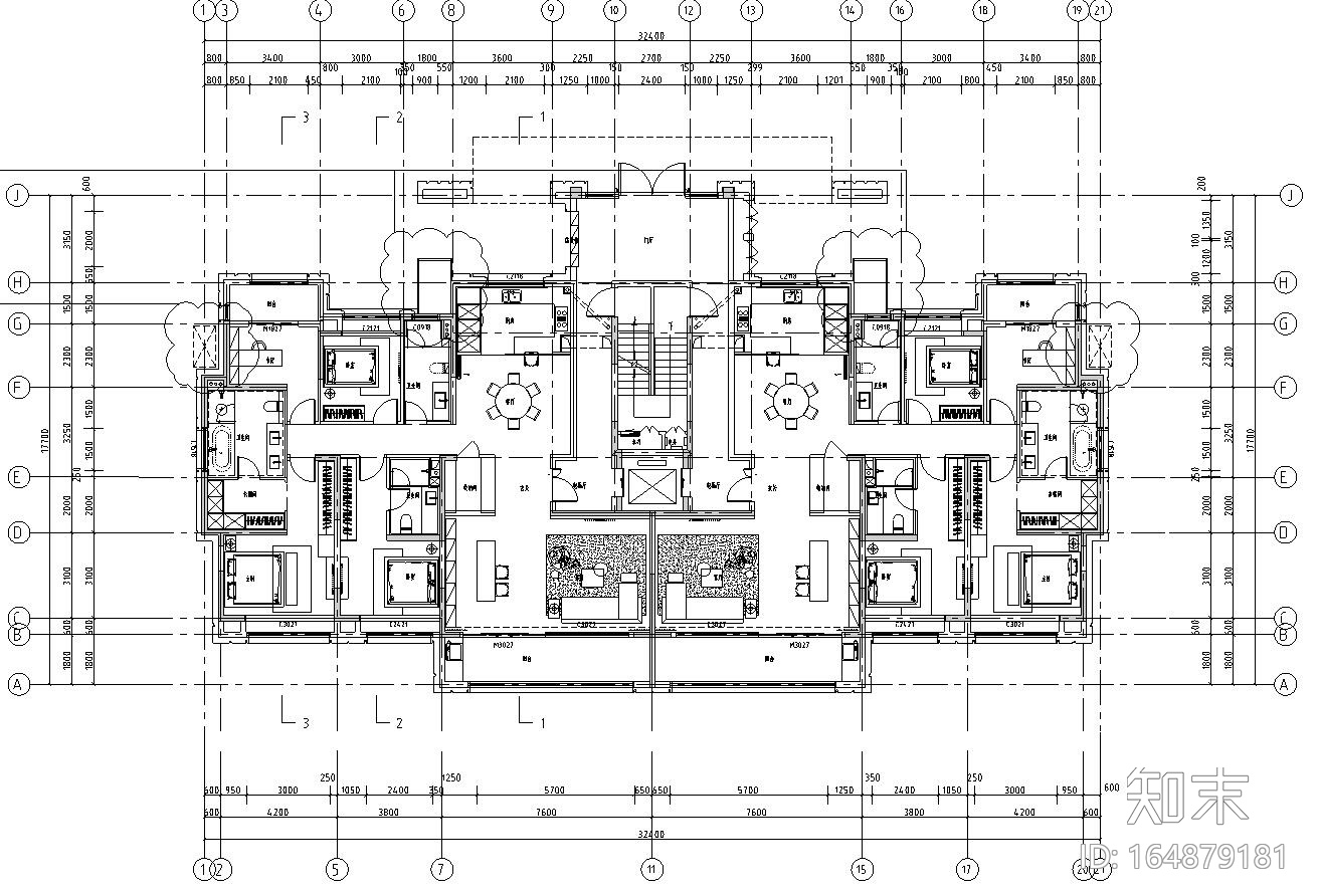 多层住宅一梯二户户型平面设计施工图下载【ID:164879181】