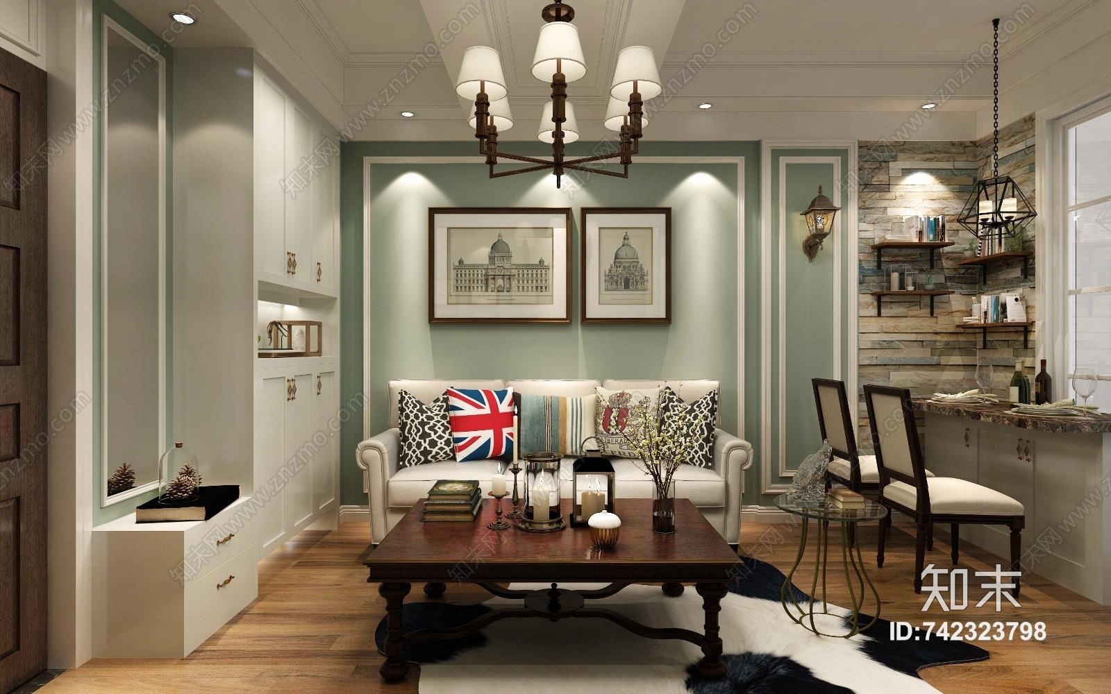 美式小户型客餐厅3D模型下载【ID:742323798】
