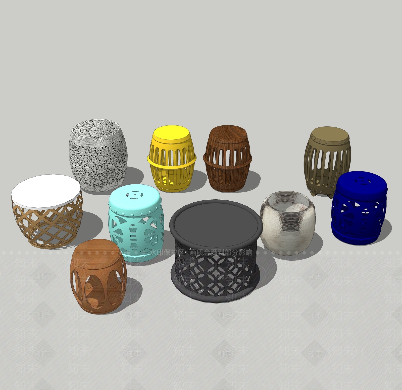 中式鼓凳组合鼓凳SU模型下载【ID:162218168】