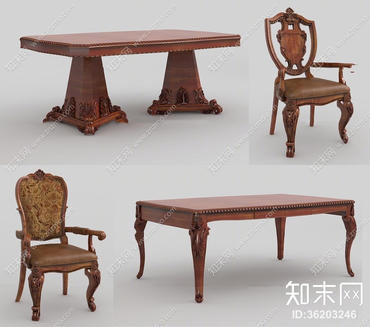 美式实木餐桌椅组合3D模型下载【ID:36203246】