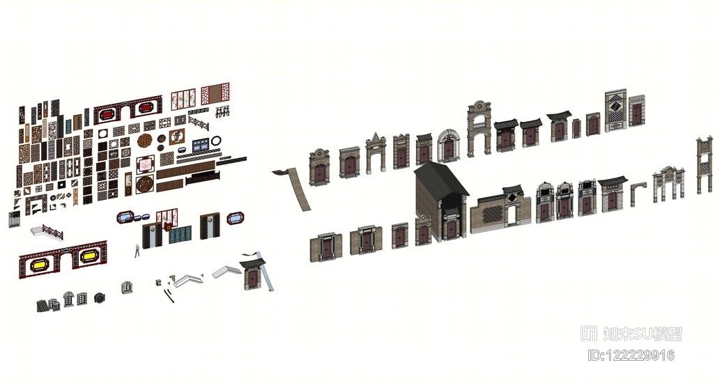 中式雕花中式门头组合SU模型下载【ID:122229916】