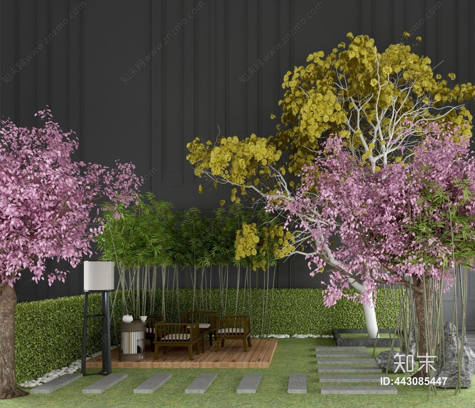 新中式休闲茶桌椅竹子石头树草地植物绿植摆件园林小品组合3D模型下载【ID:443085447】