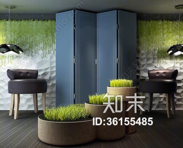 现代绿植盆栽屏风吧椅吊灯组合3D模型下载【ID:36155485】