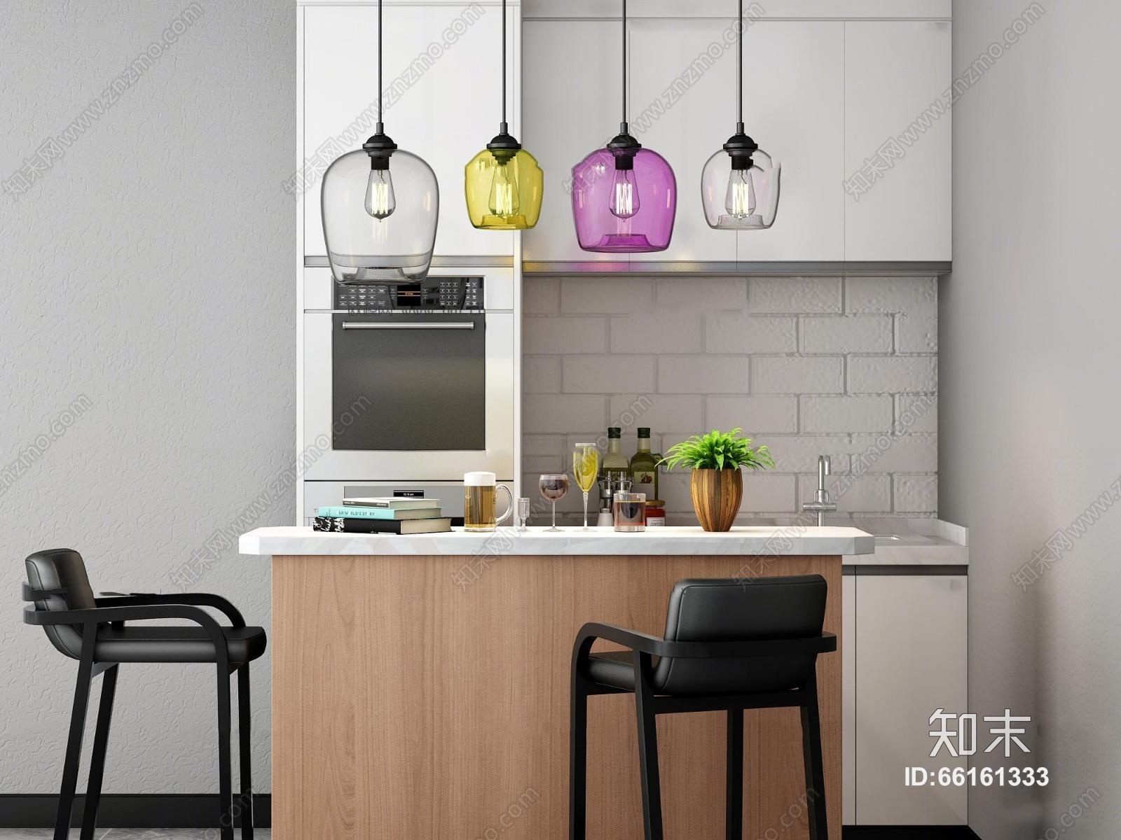 现代吧台椅子吊灯组合3D模型下载【ID:66161333】