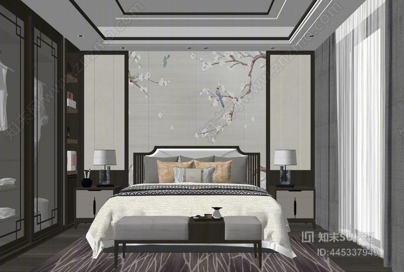 新中式卧室SU模型下载【ID:445337949】