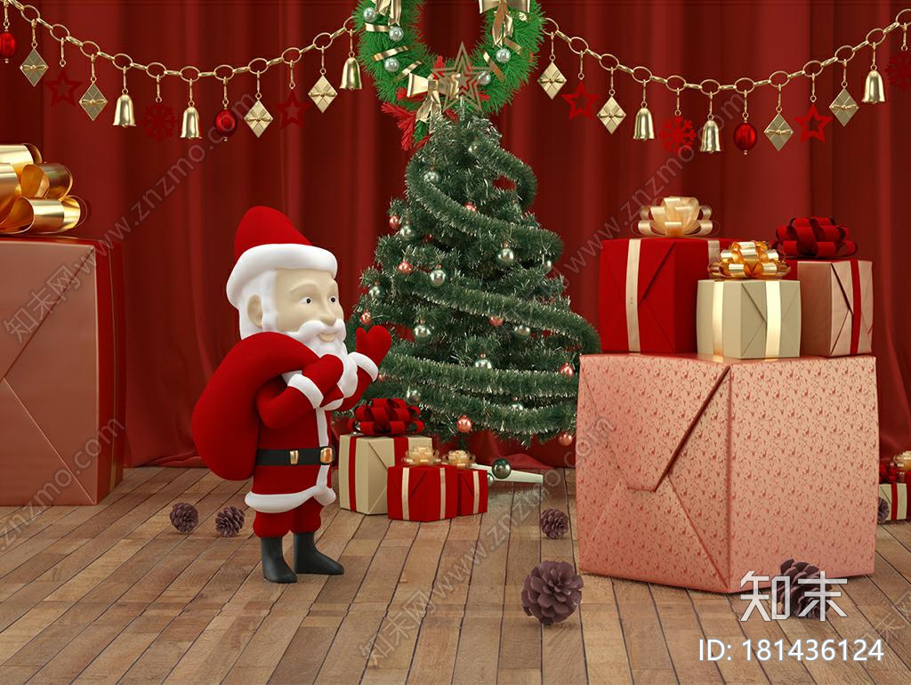 红绿色圣诞节圣诞老人创意场景CG模型下载【ID:181436124】