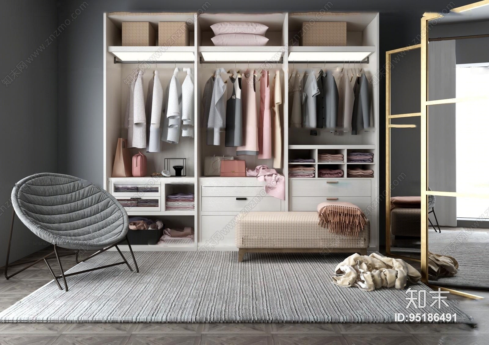 现代衣柜衣服休闲椅组合3D模型下载【ID:95186491】