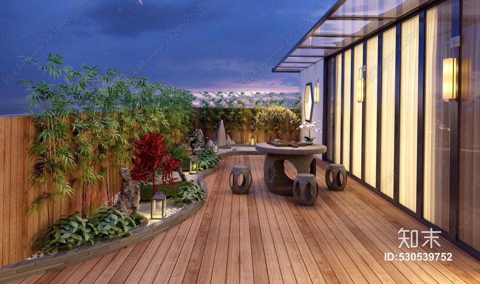 中式枯山水楼顶花园3D模型下载【ID:530539752】