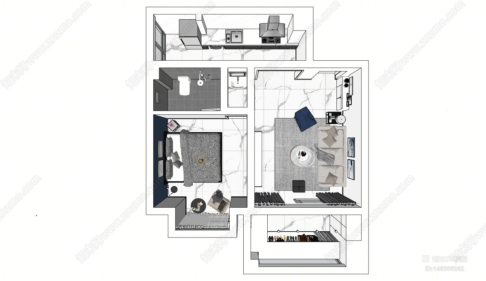现轻奢单身公寓SU模型下载【ID:146206242】