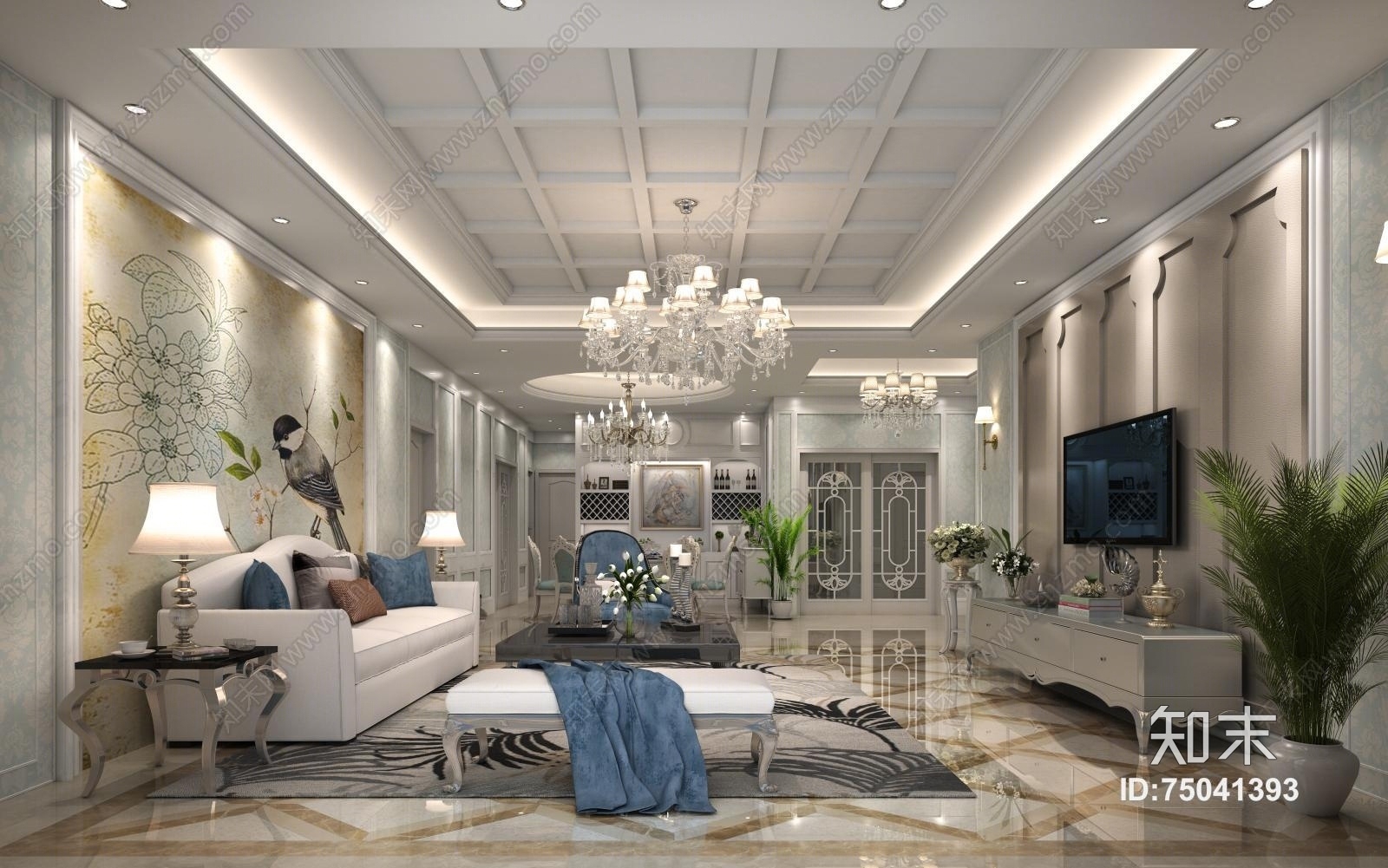 中欧混搭客厅3D模型下载【ID:75041393】