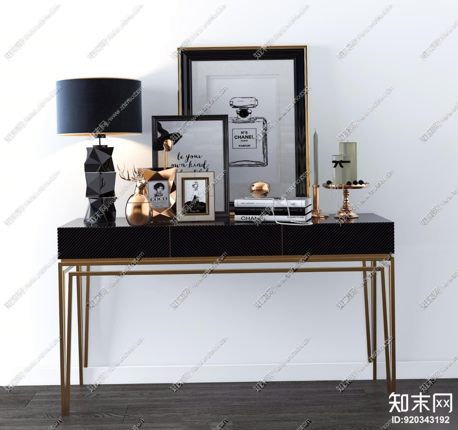 现代金属玄关柜台灯装饰画摆件3D模型下载【ID:920343192】