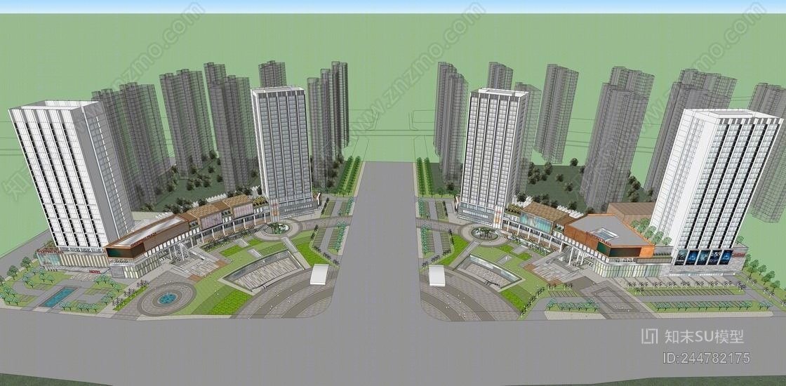 现代高层公寓+商业裙房SU模型下载【ID:244782175】