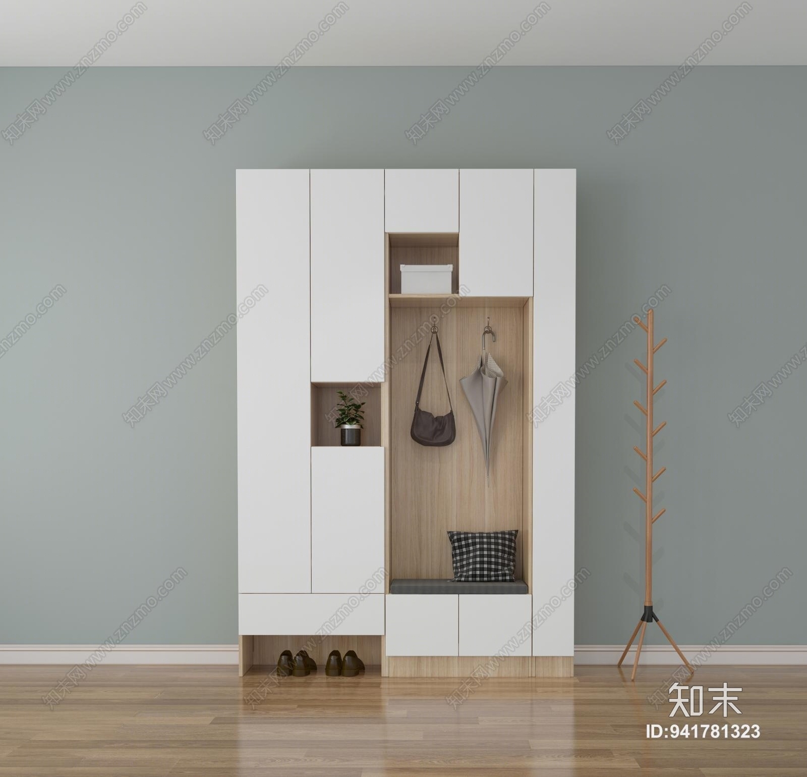 北欧原木色门厅鞋柜3D模型下载【ID:941781323】
