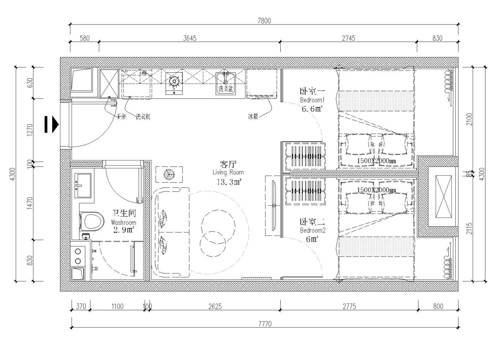 [贵州]30㎡两户平层公寓样板间设计施工图施工图下载【ID:160061185】