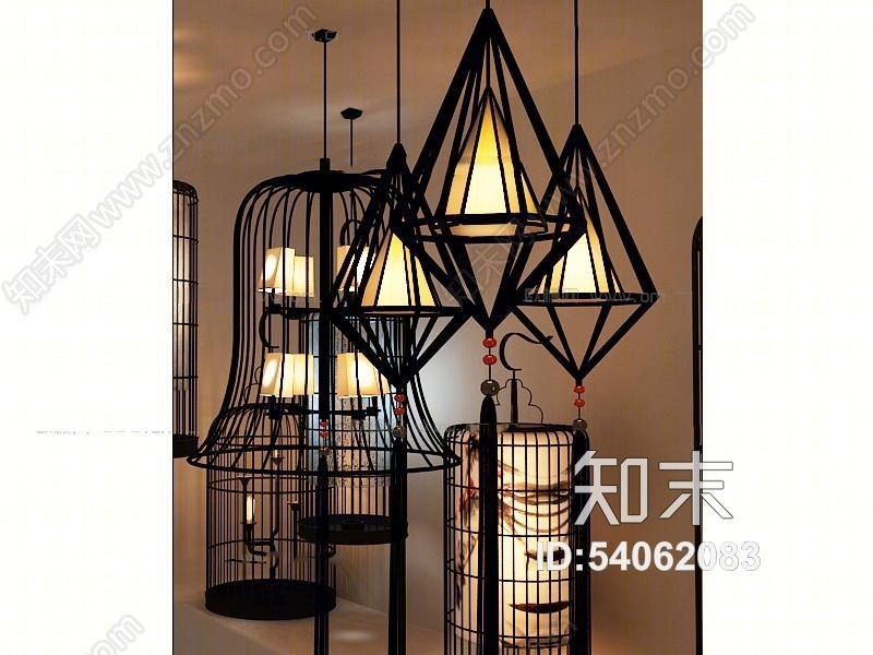 中式鸟笼吊灯组合3D模型下载【ID:54062083】