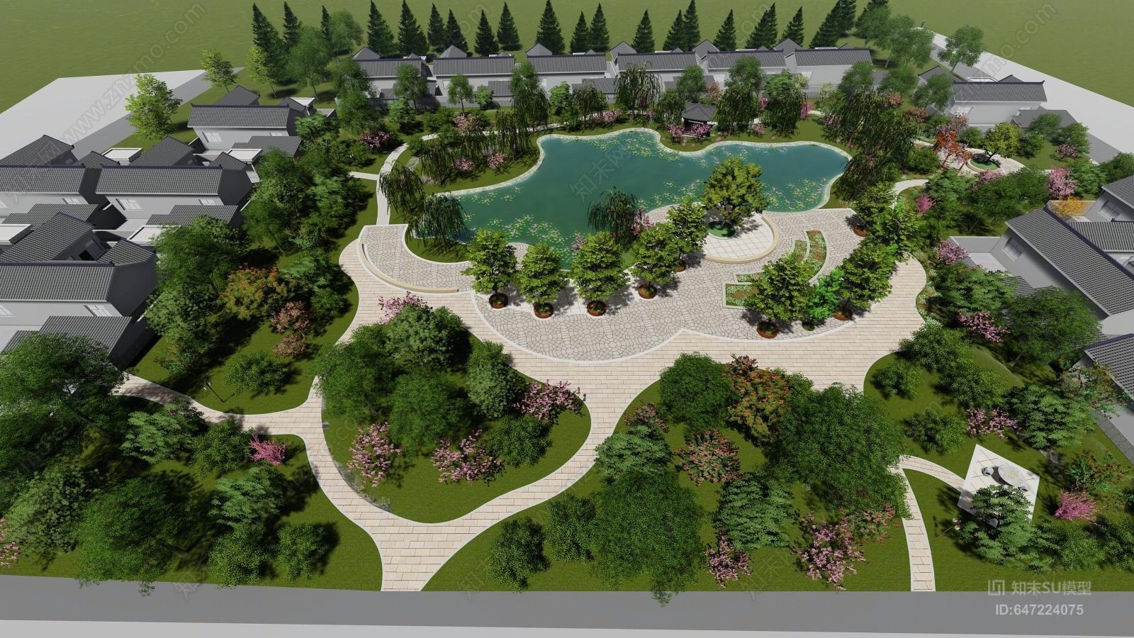 现代水塘景观滨水景观设计SU模型下载【ID:647224075】