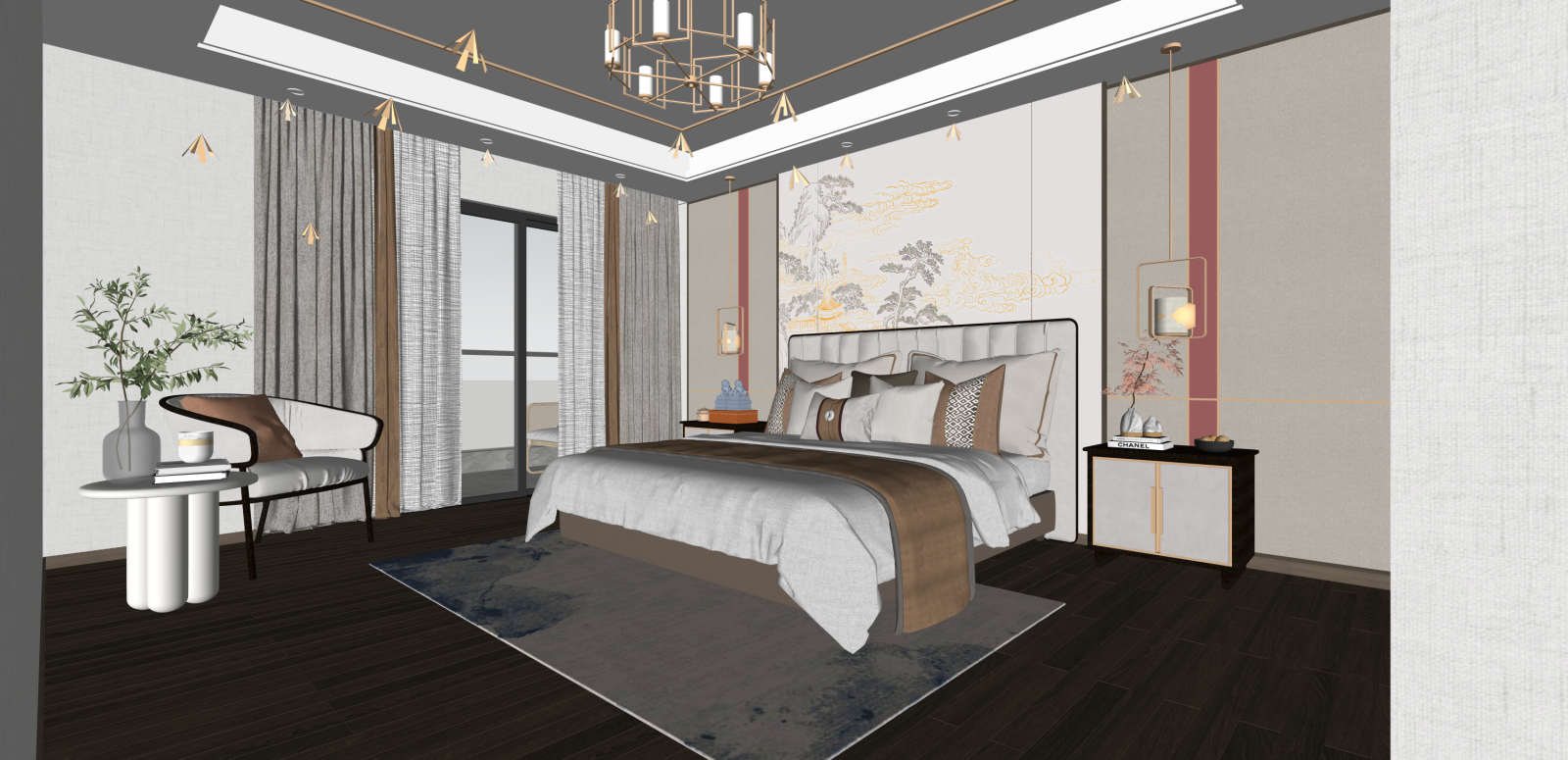 新中式家居卧室SU模型下载【ID:1215955528】