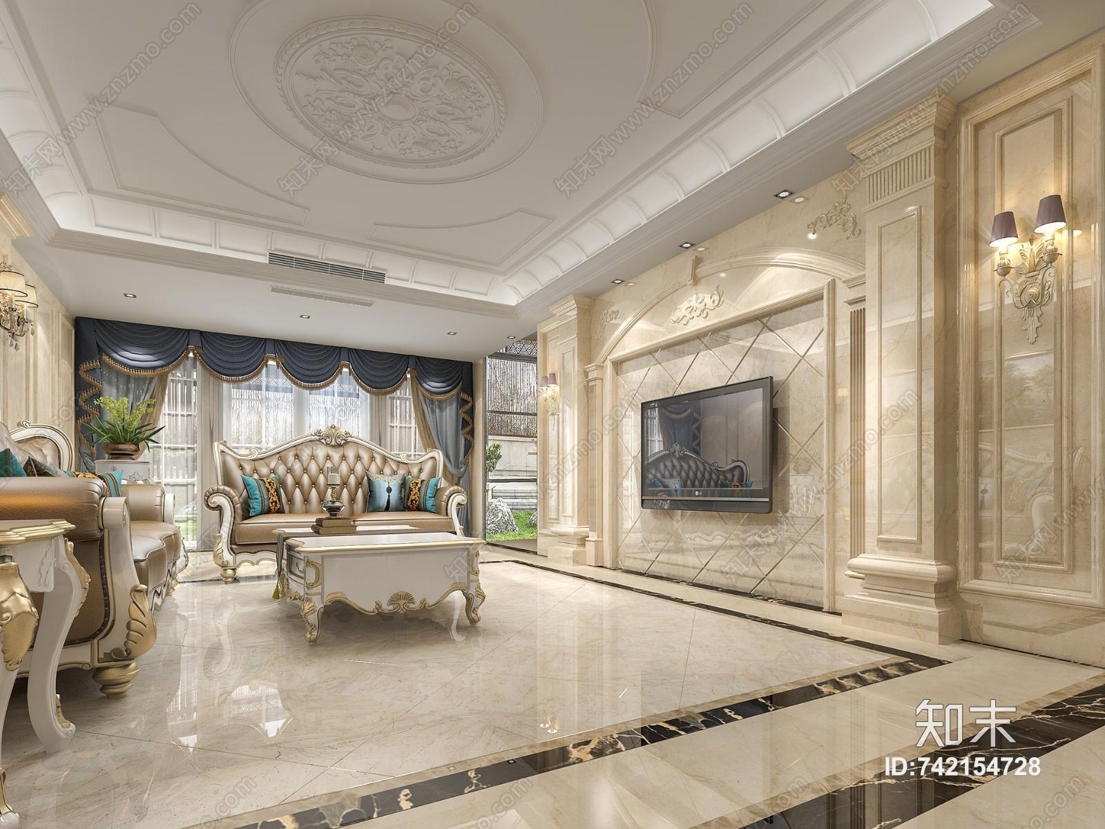 欧式古典欧式奢华客餐厅3D模型下载【ID:742154728】