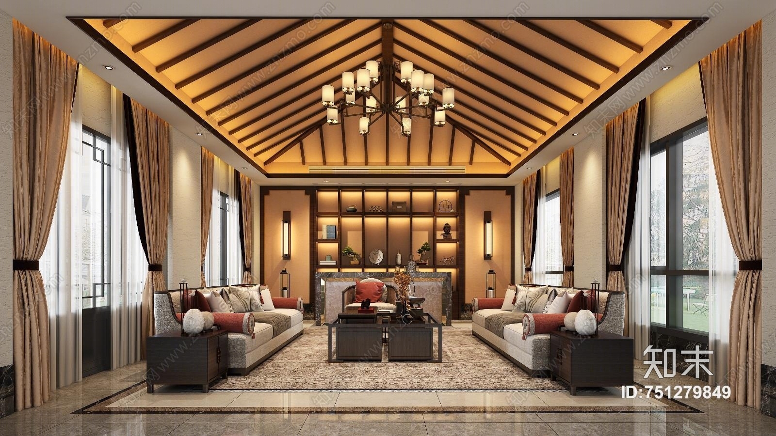 新中式客厅沙发茶几组合3D模型下载【ID:751279849】