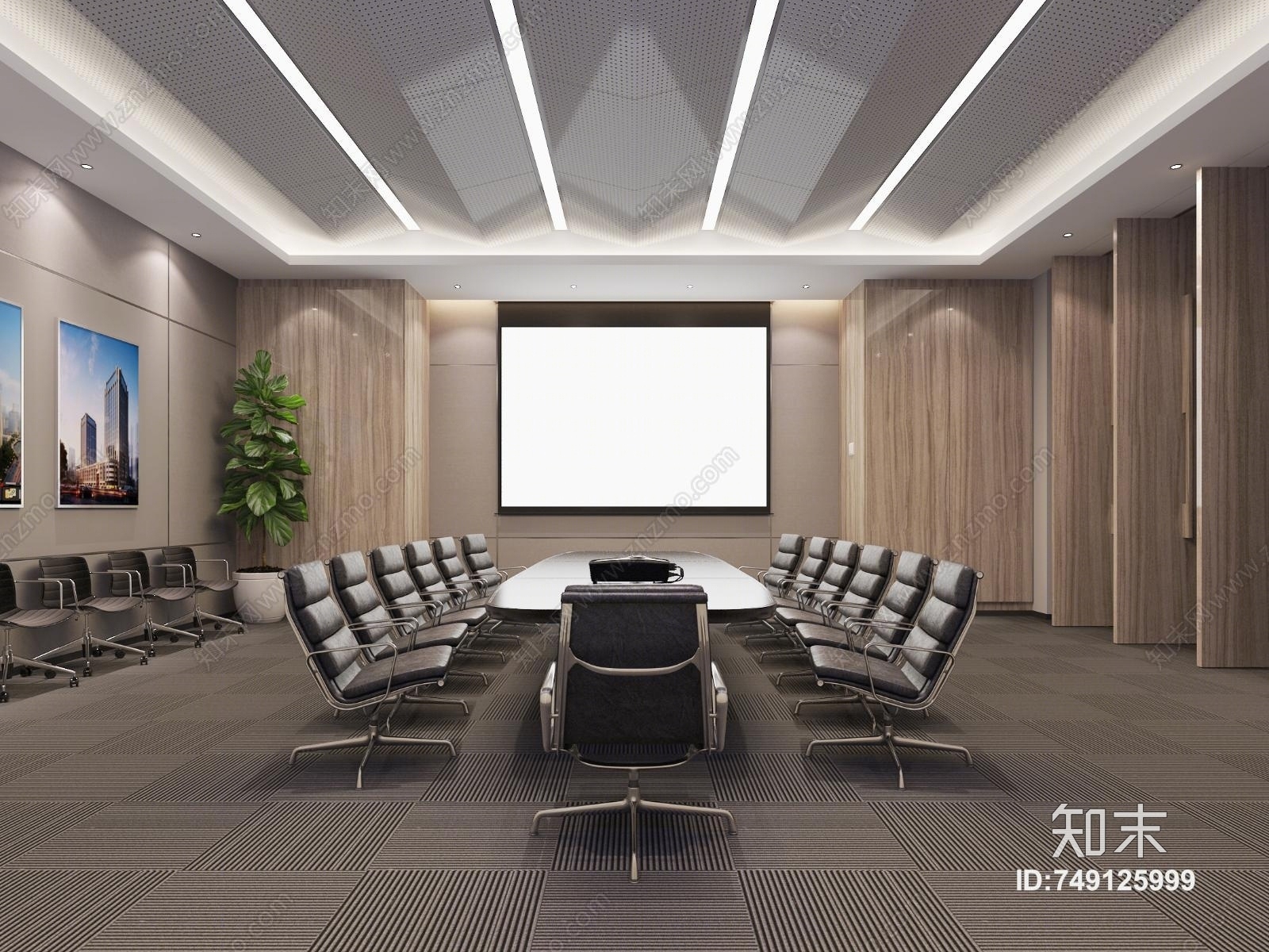 现代大会议室小会议室发布厅几何吊顶地毯会议桌椅3D模型下载【ID:749125999】