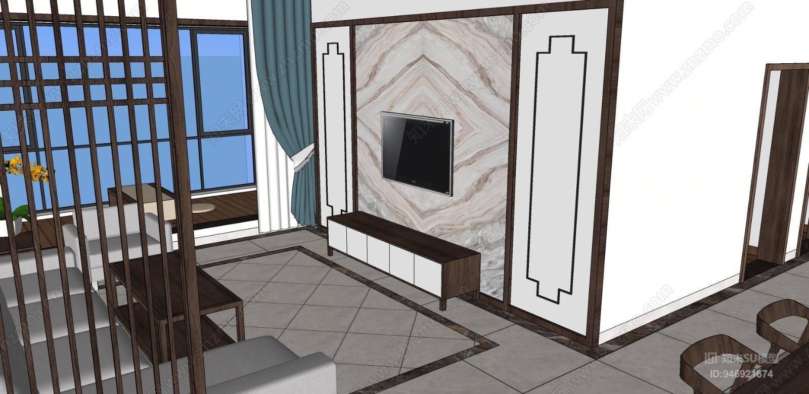 新中式风格三室两厅室内客厅SU模型下载【ID:946921874】