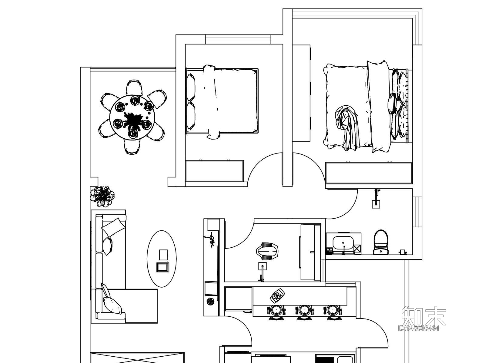 现代套房素材cad施工图下载【ID:945003464】