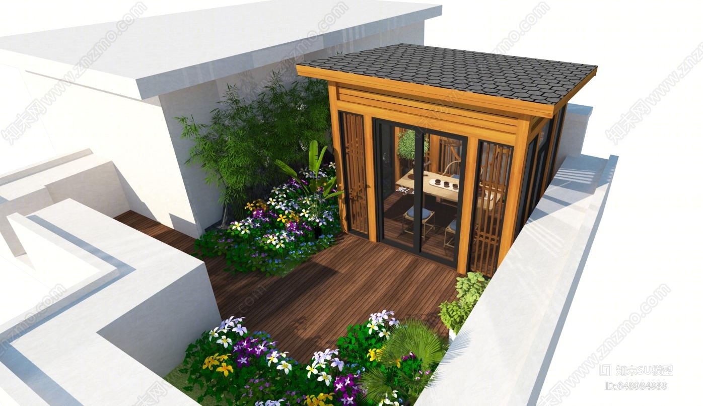 新中式风格屋顶花园SU模型下载【ID:648984989】_知末su模型网