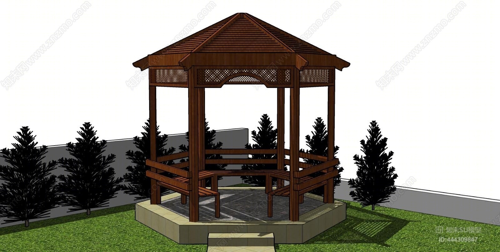 欧式防腐木八角亭SU模型下载【ID:444309847】
