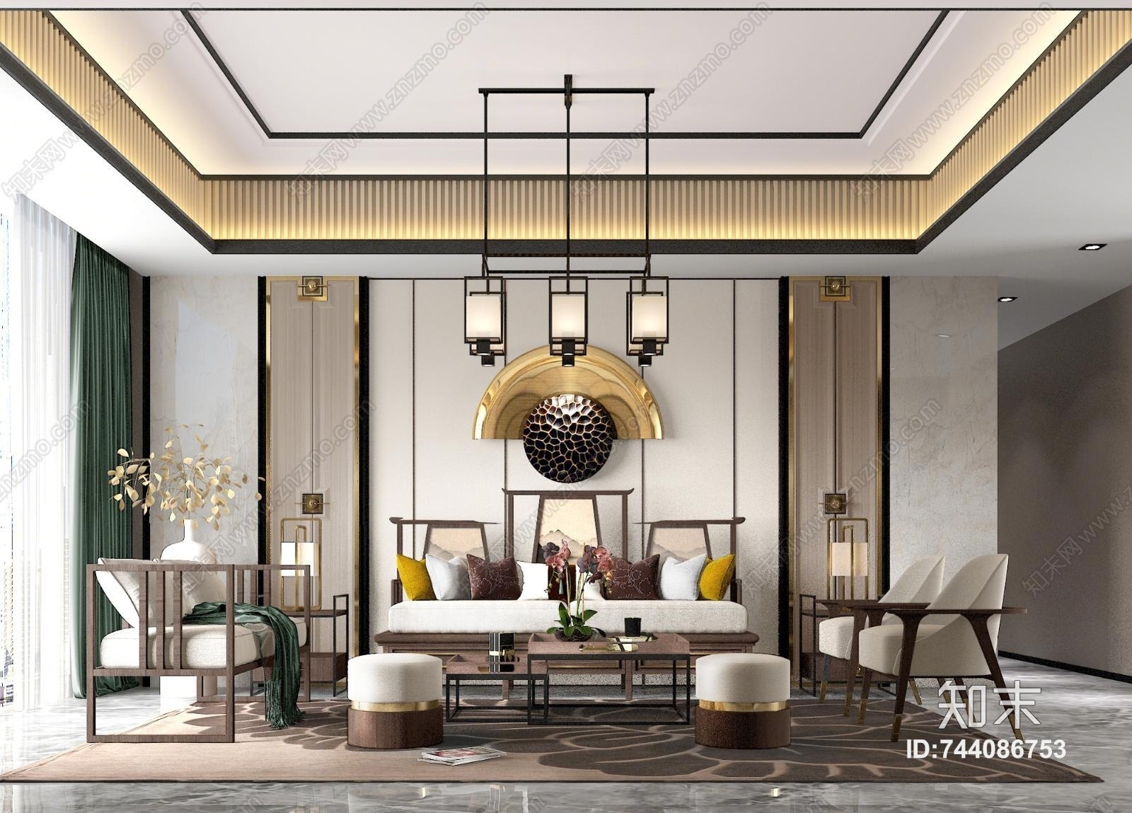 新中式客厅效果图3D模型下载【ID:744086753】