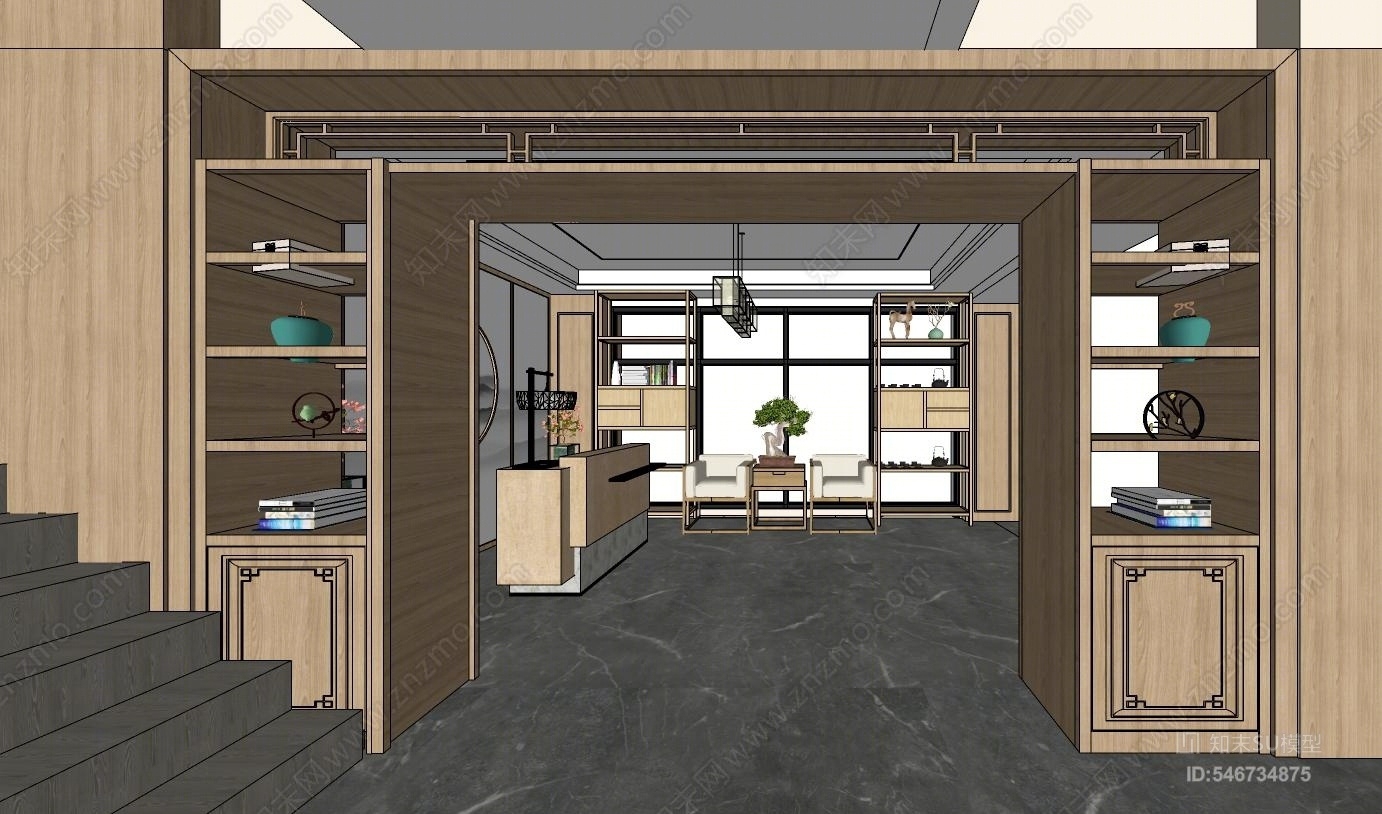 新中式茶馆展厅SU模型下载【ID:546734875】