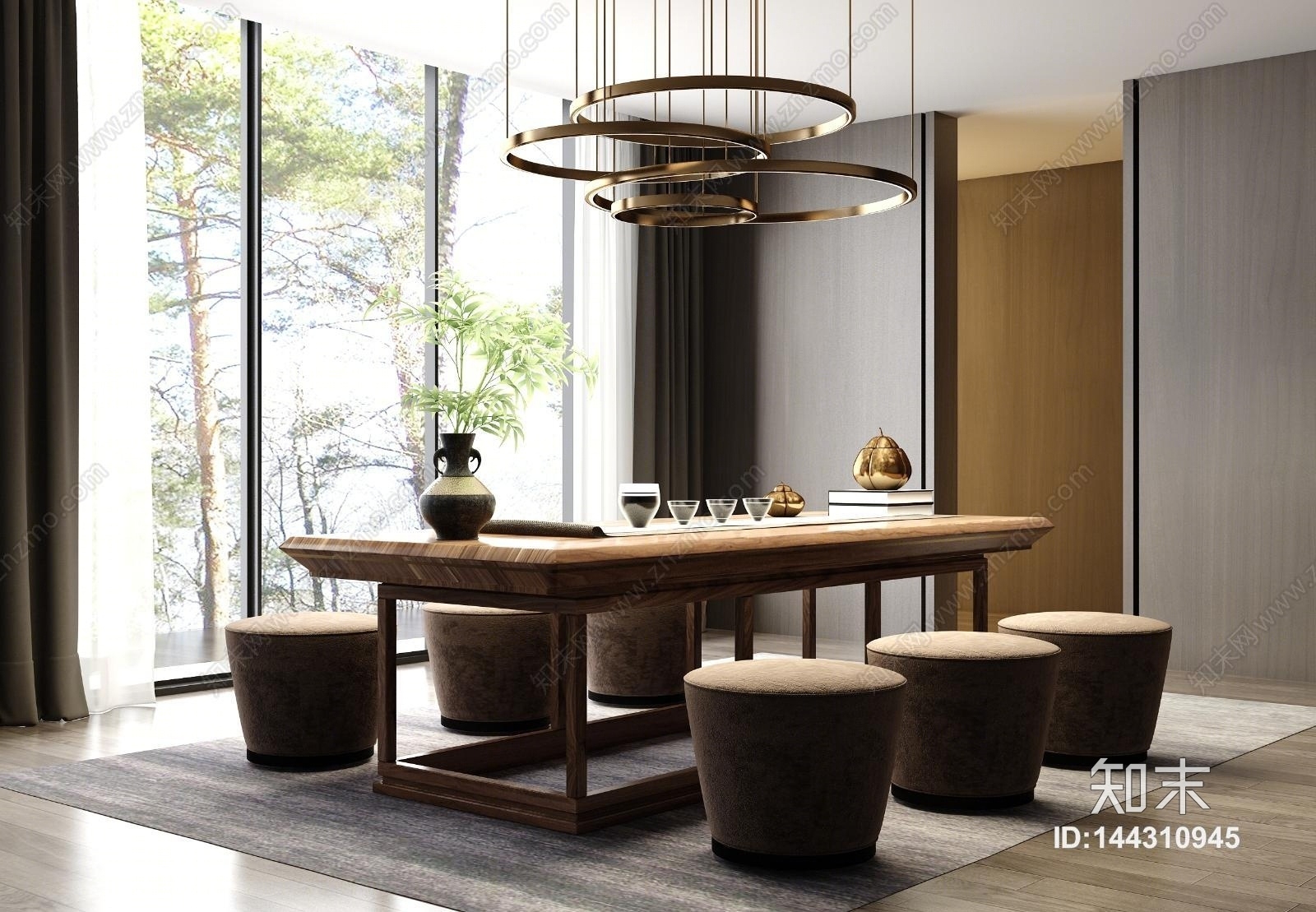新中式禅意茶桌椅吊灯茶具饰品组合3D模型下载【ID:144310945】
