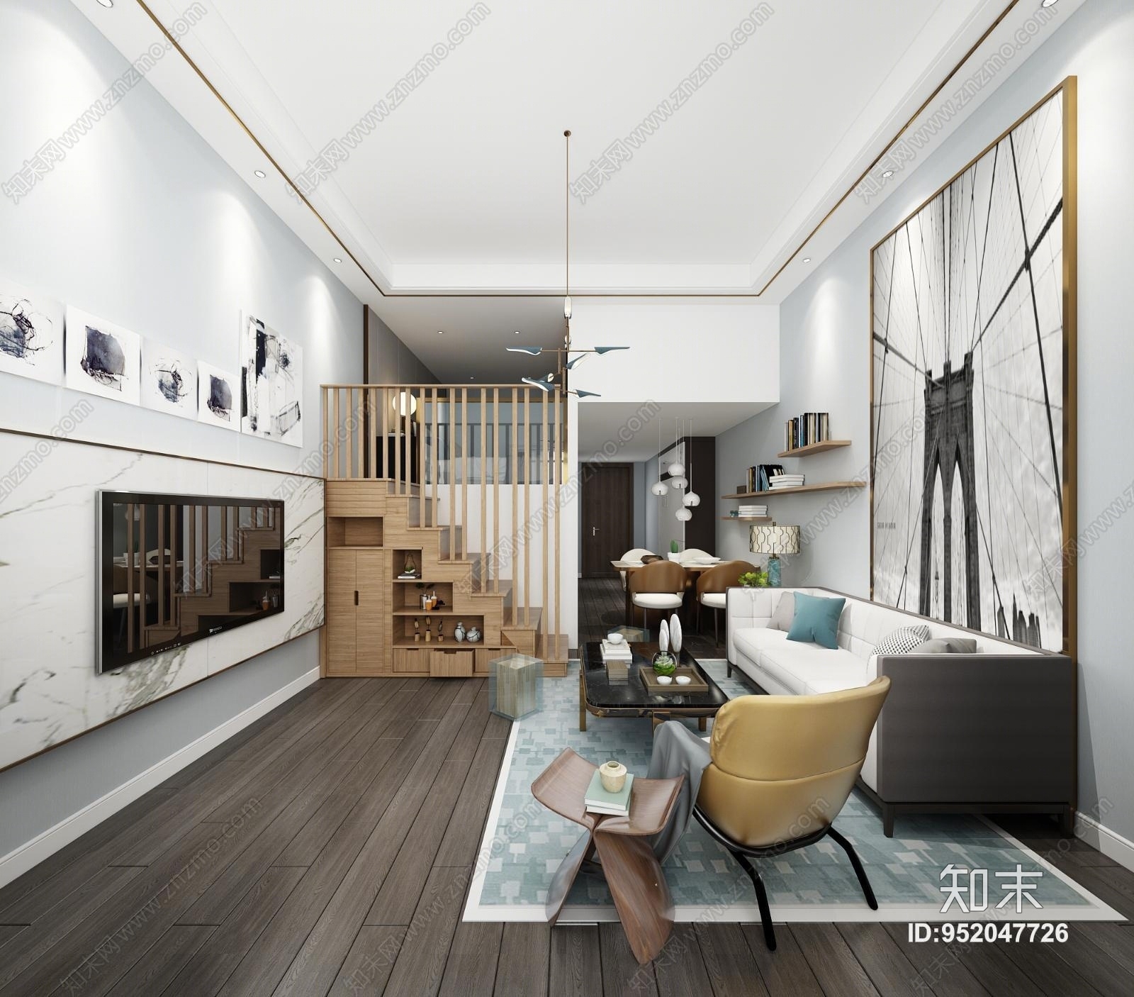 现代简约客厅3D模型下载【ID:952047726】