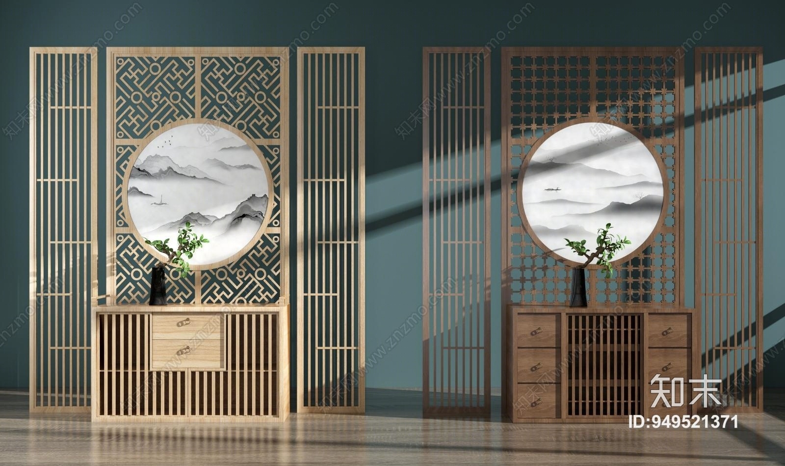 新中式屏风隔断玄关柜3D模型下载【ID:949521371】