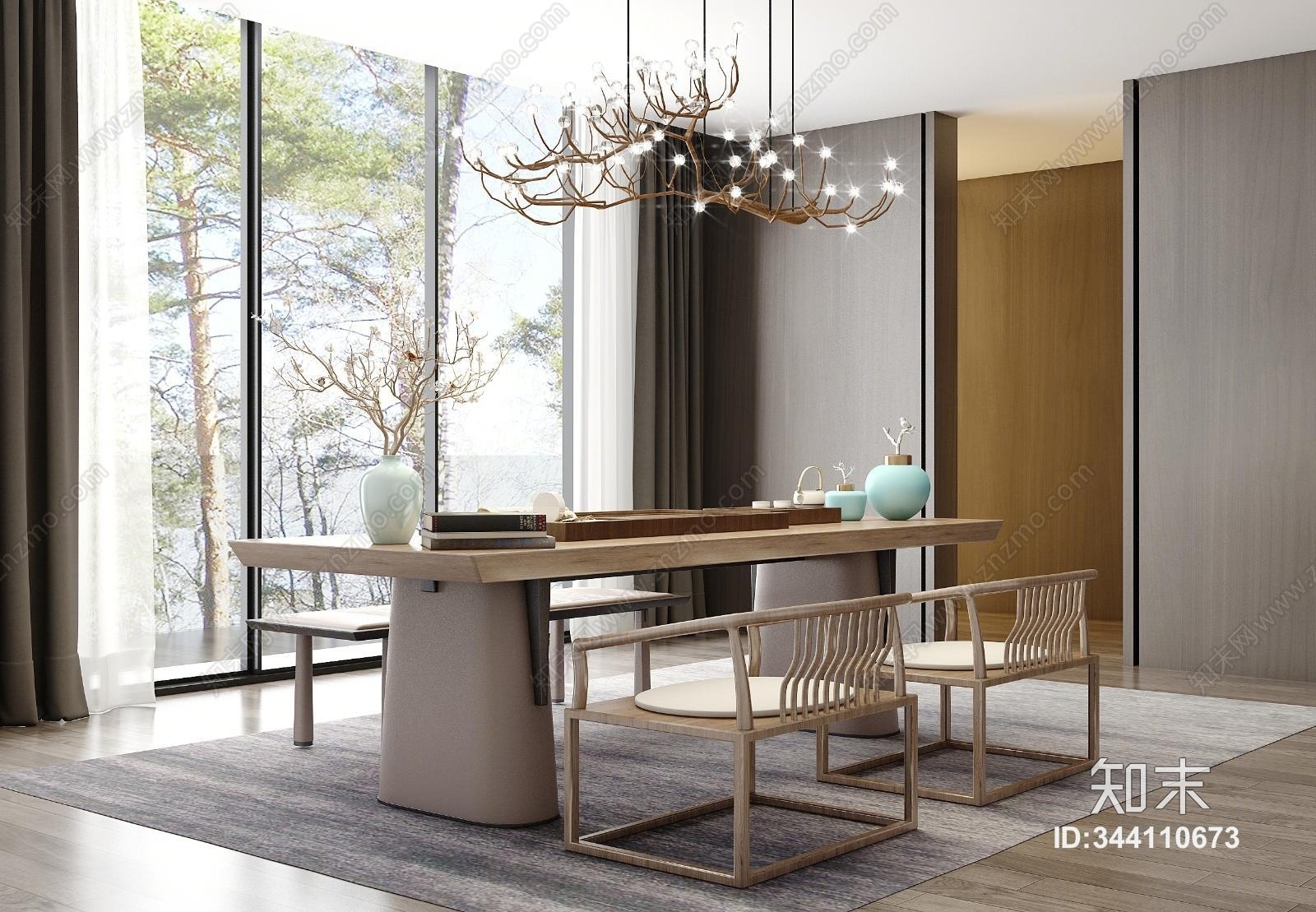 新中式禅意茶桌椅吊灯茶具饰品组合3D模型下载【ID:344110673】