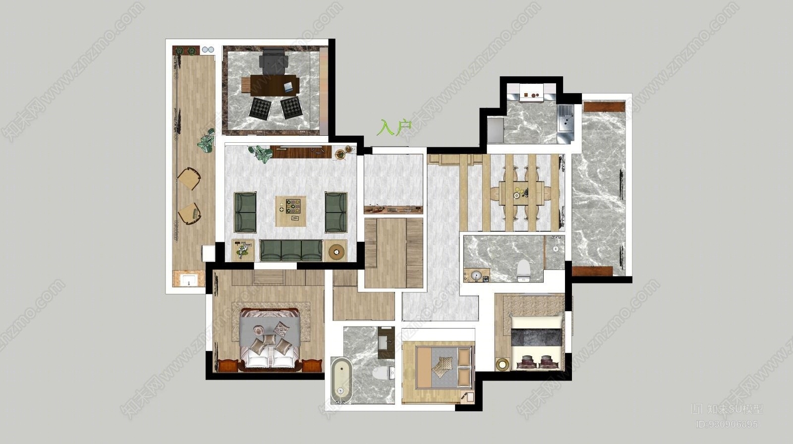 大户型欧式室内家装户型设计SU模型下载【ID:930906895】